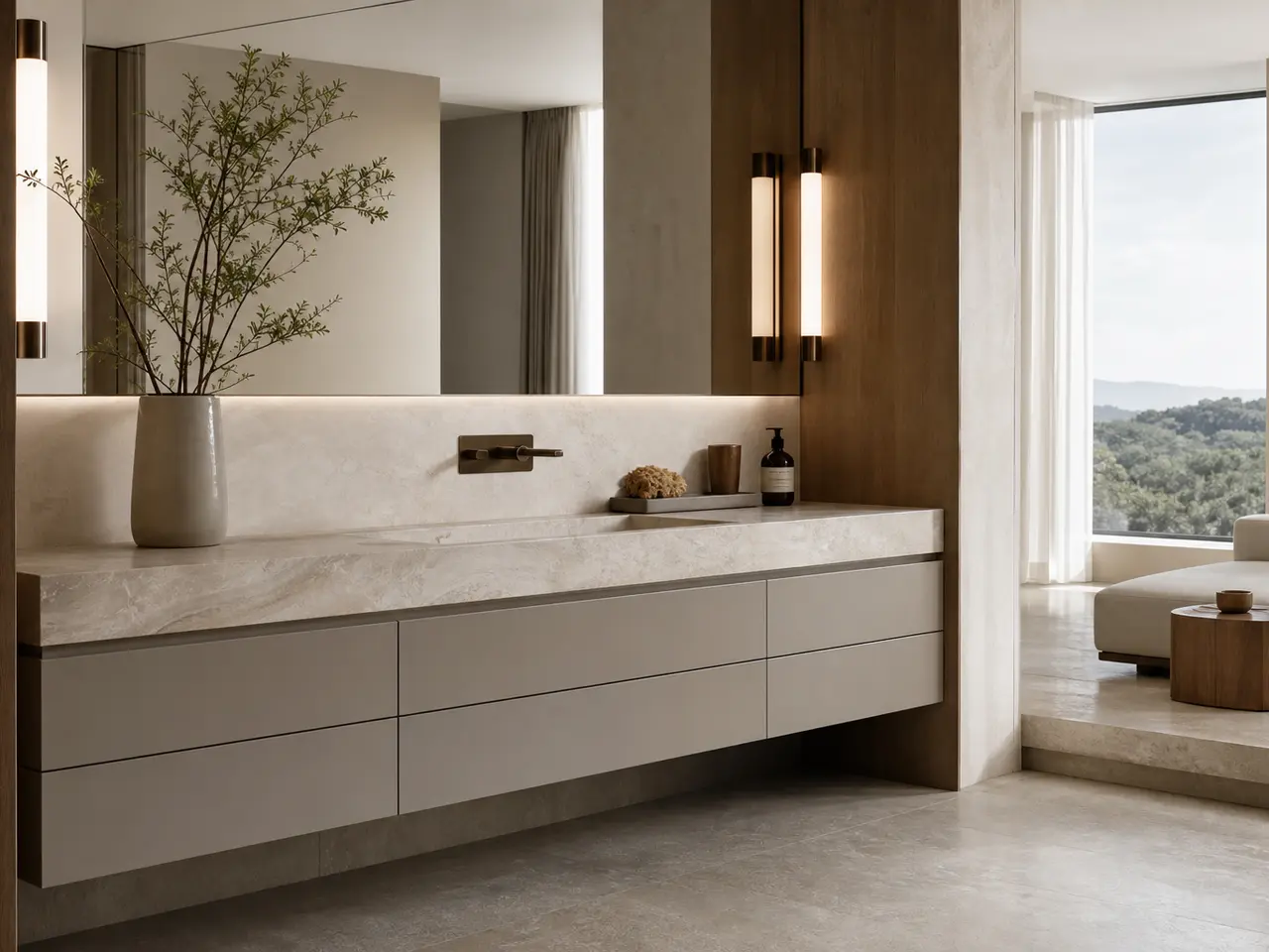 Fadior Solstice Bath and Vanity Suite with Quartzite Steam Basin Console - waterproof 304 stainless steel bath vanity with mirror storage, moisture-resistant finishes, and grooming storage