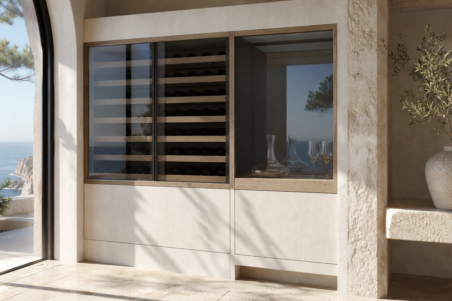 Fadior Gloria Wine Cabinet Suite with Smoked Glass Decanting Bay — close-up of stainless steel finish and hardware detail
