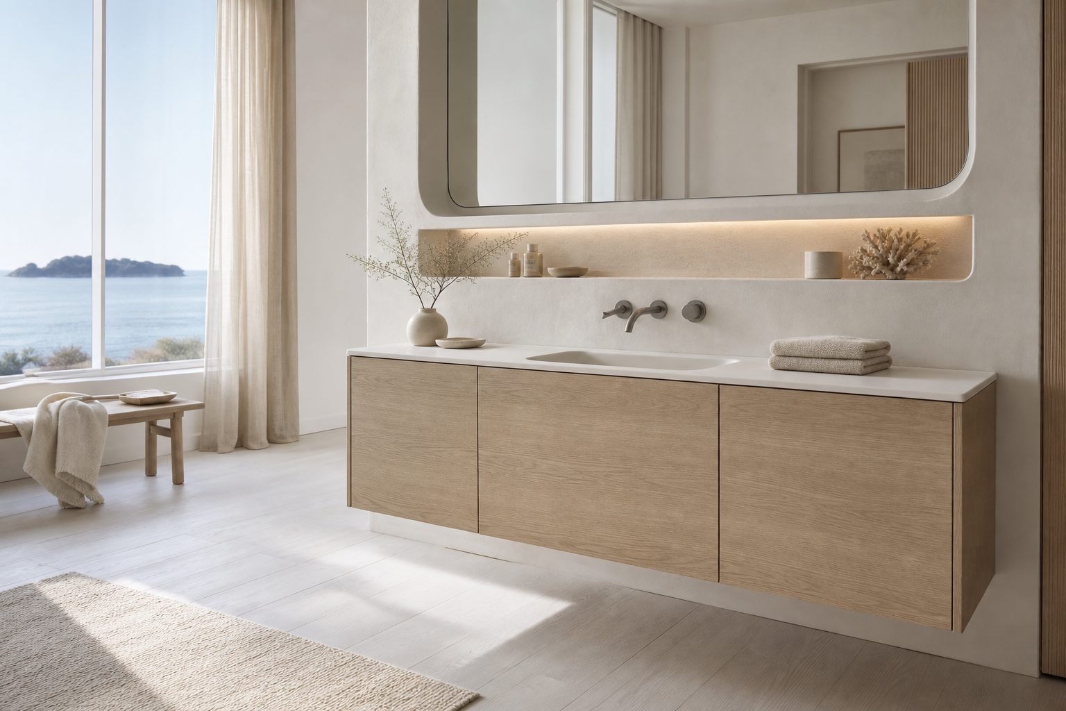 Fadior Ethereal Bath and Vanity Suite with Pearl Recessed Care Ledge — lifestyle setting with natural light and residential
