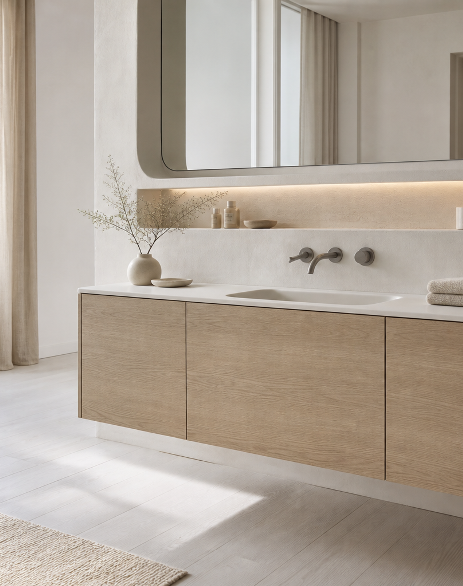 Fadior Ethereal Bath and Vanity Suite with Pearl Recessed Care Ledge — lifestyle setting with natural light and residential