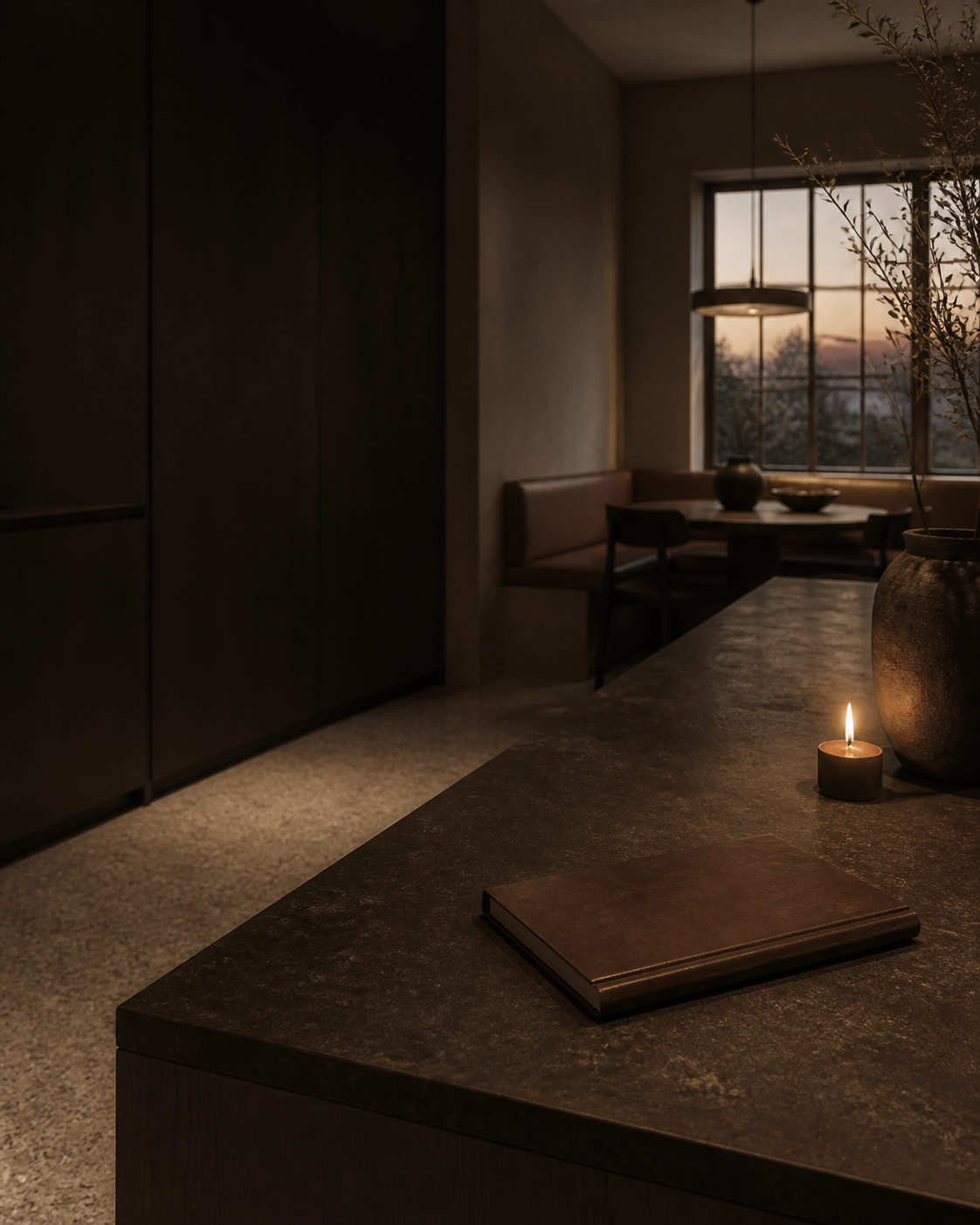 Smoked oak and lime plaster kitchen mood study supporting a concealed motion specification review in a quiet dining room.