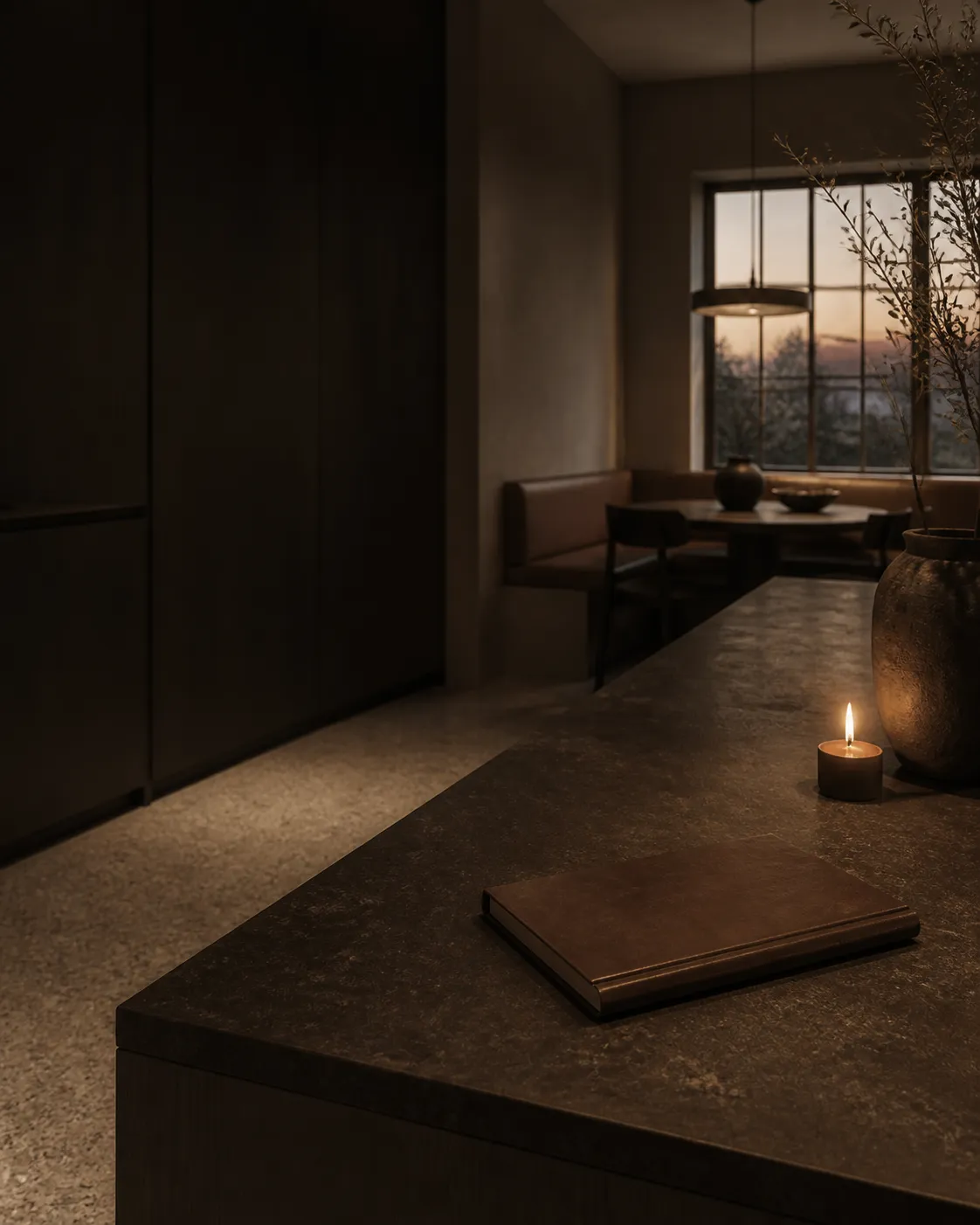 Smoked oak and lime plaster kitchen mood study supporting a concealed motion specification review in a quiet dining room.