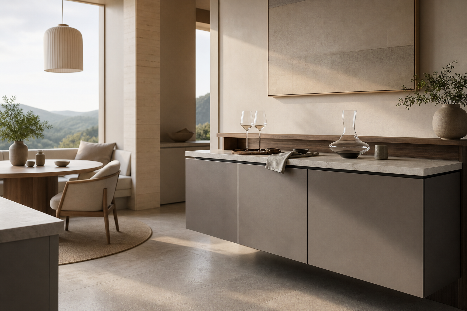 Fadior Estuary Wine Cabinet Suite with Floating Tasting Credenza — lifestyle setting with natural light and residential styling