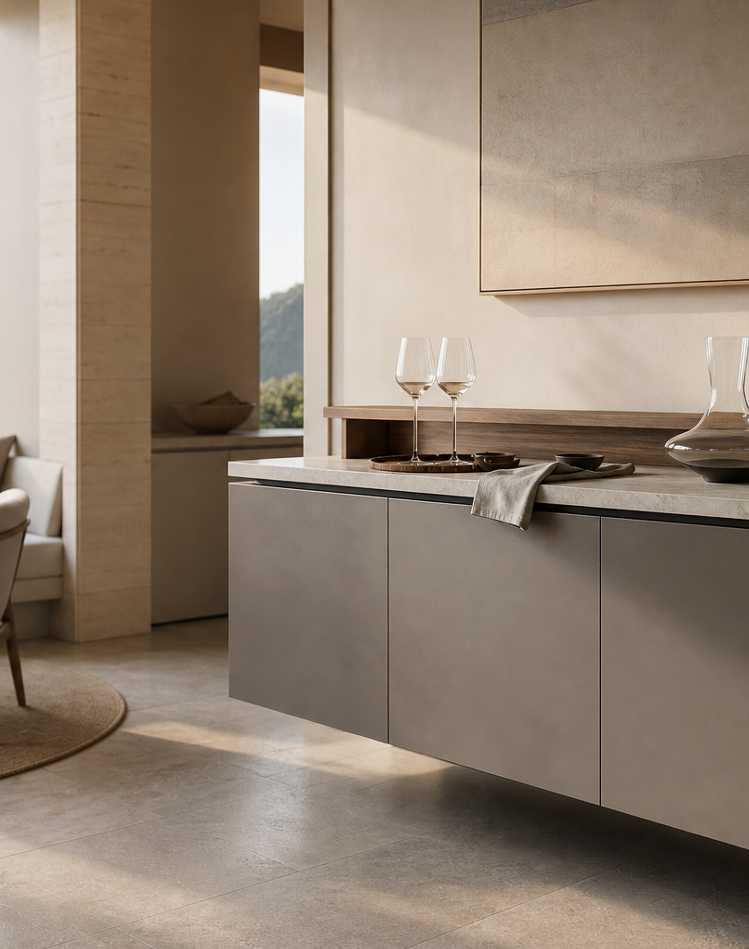 Fadior Estuary Wine Cabinet Suite with Floating Tasting Credenza — lifestyle setting with natural light and residential styling