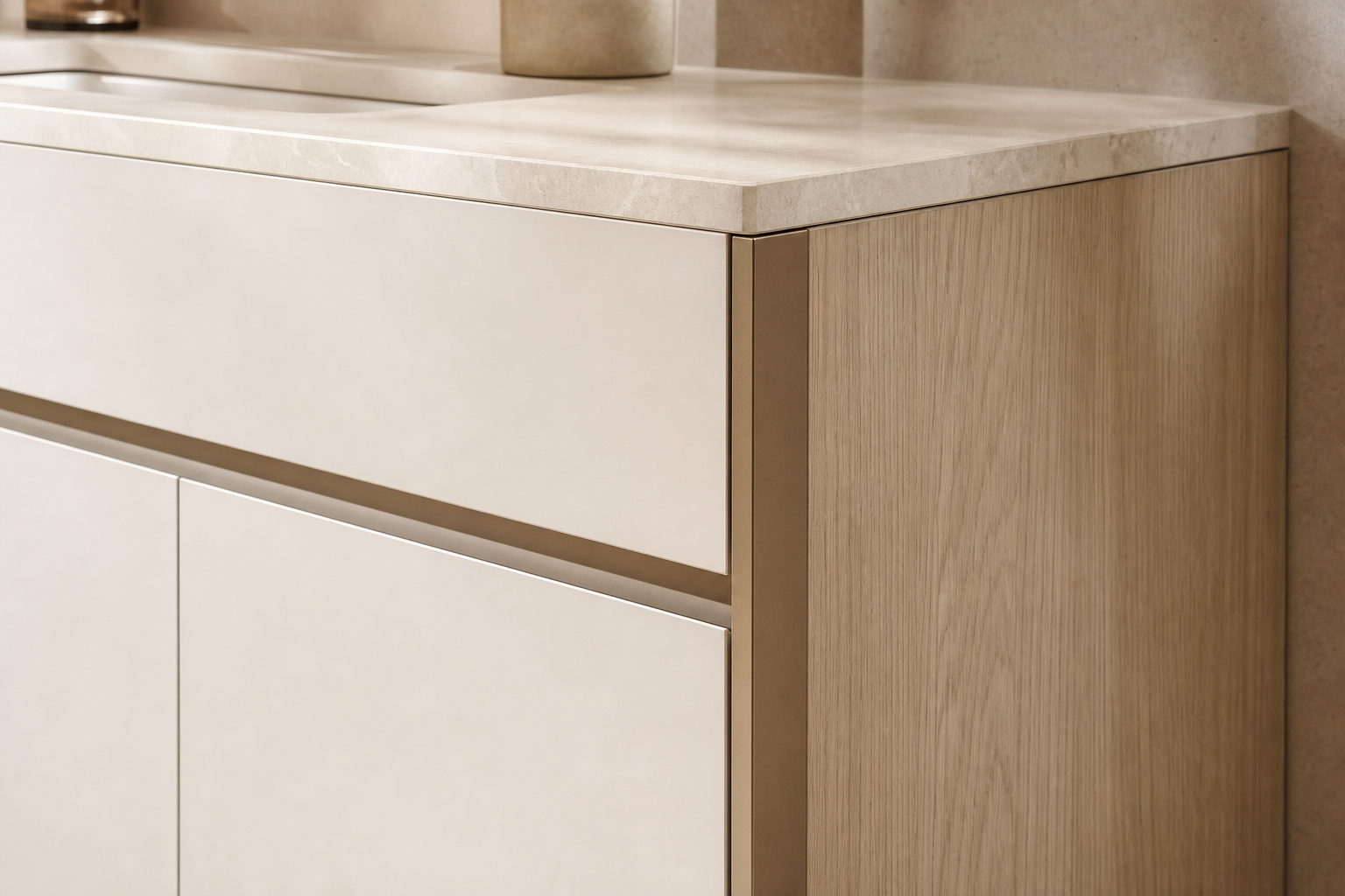 Fadior Solstice Bath and Vanity Suite with Precision Spa Vanity — close-up of stainless steel finish and hardware detail