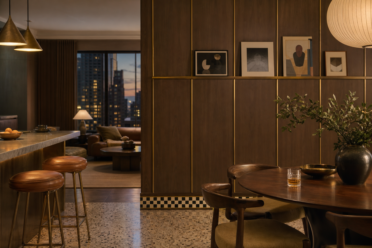 Fadior Terrazzo Wall Panel Suite with Aged Brass Picture Rail — lifestyle setting with natural light and residential styling