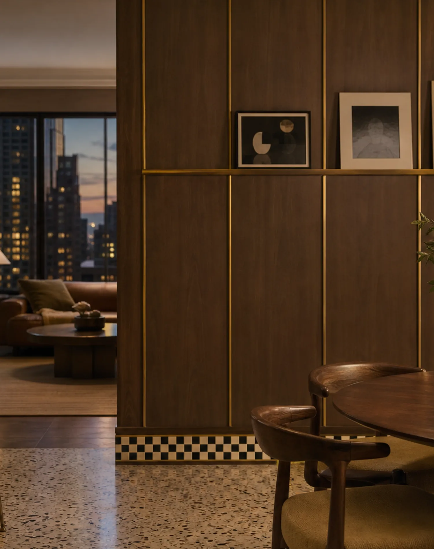 Suite de Panel de Pared Terrazzo con Barra Portacuadros de Latón Envejecido estudio de adaptación