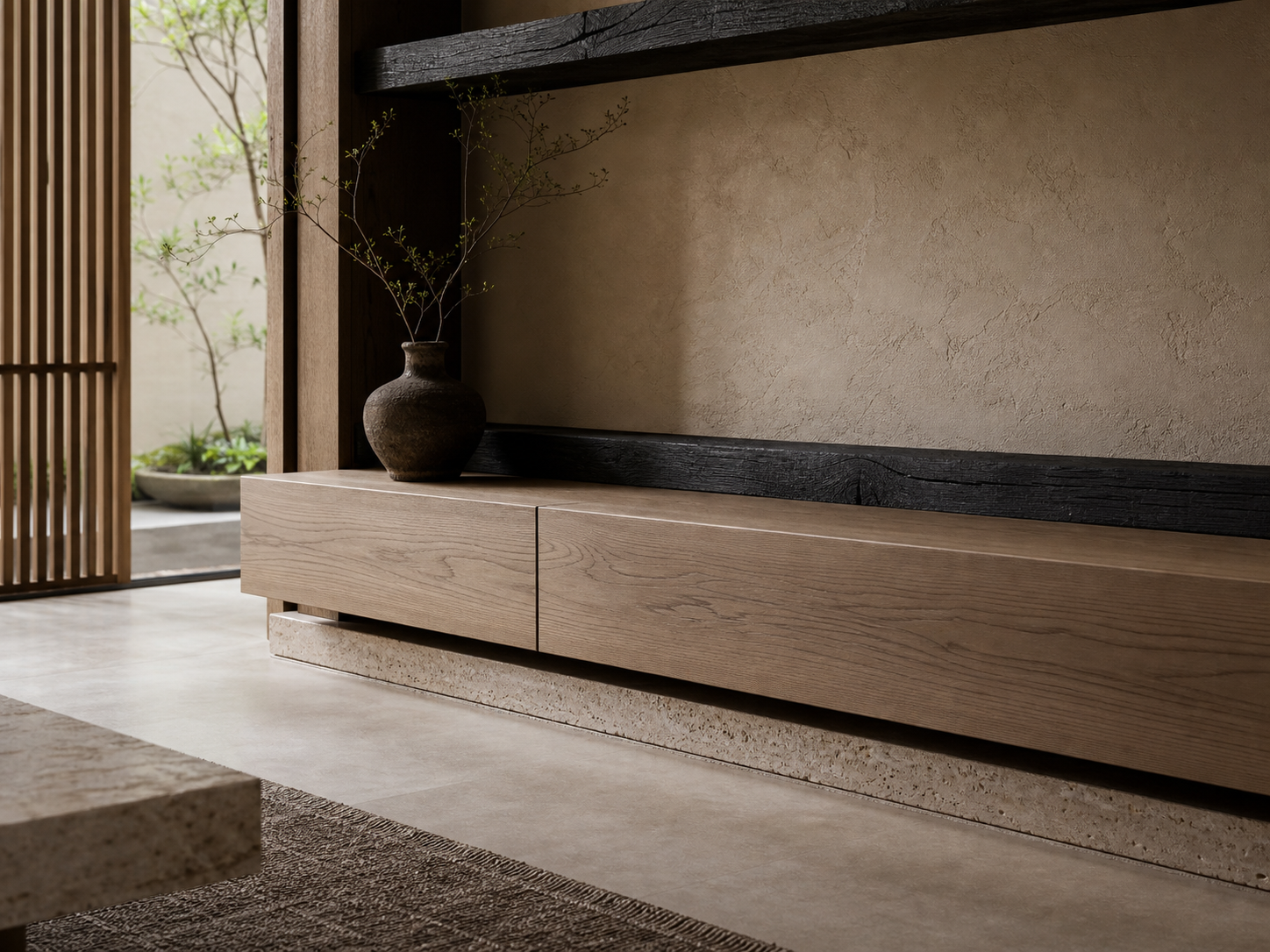 Fadior Silvan Living Room Suite with Floating Timber TV Bench — close-up of stainless steel finish and hardware detail