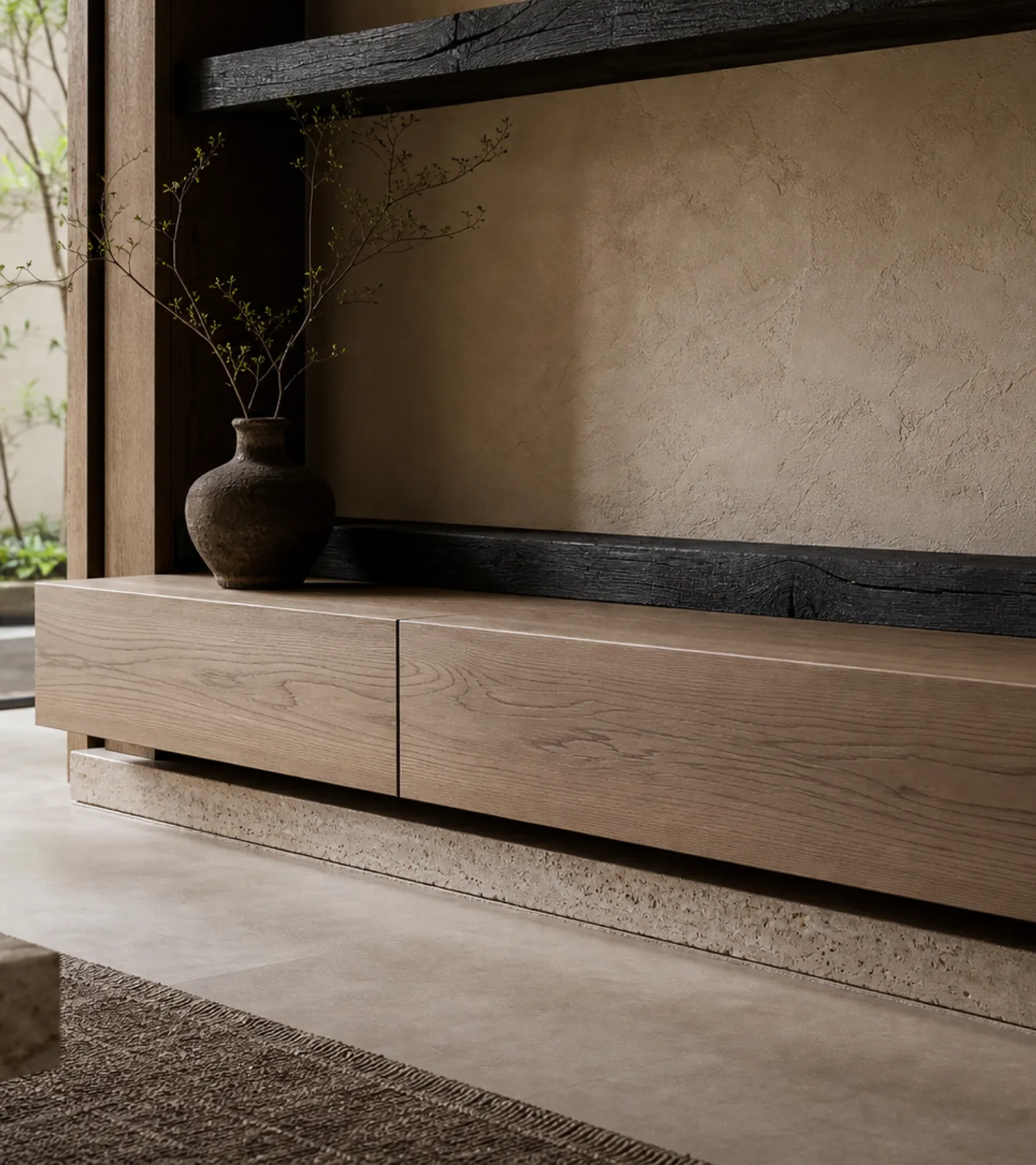 Suite de Sala de Estar Silvan con Mueble Flotante de TV de Madera acabado y detalle
