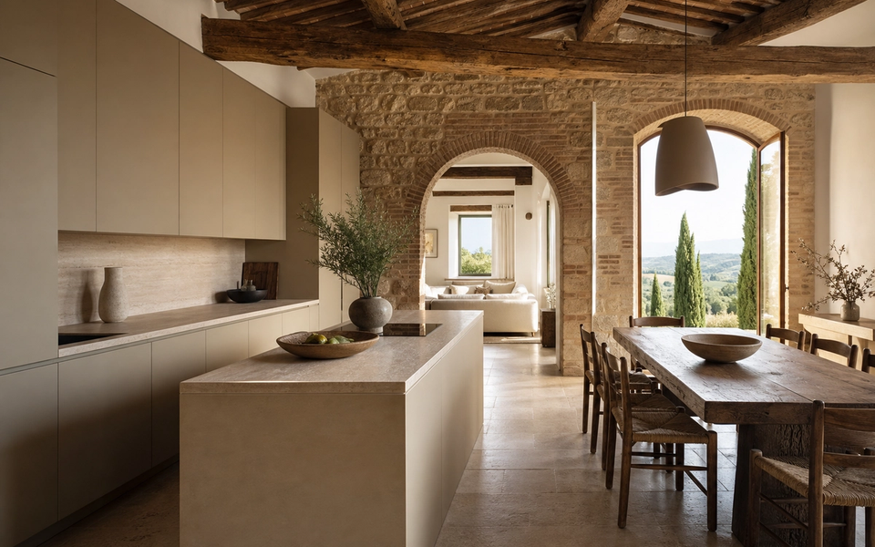 Fadior Siena Compact Residence — stone kitchen island, cabinet wall, timber ceiling, travertine floor, arched window, cypress hills — 304 stainless steel cabinetry installation by Fadior