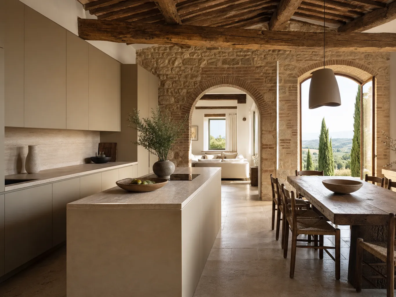 Fadior Siena Compact Residence — stone kitchen island, cabinet wall, timber ceiling, travertine floor, arched window,