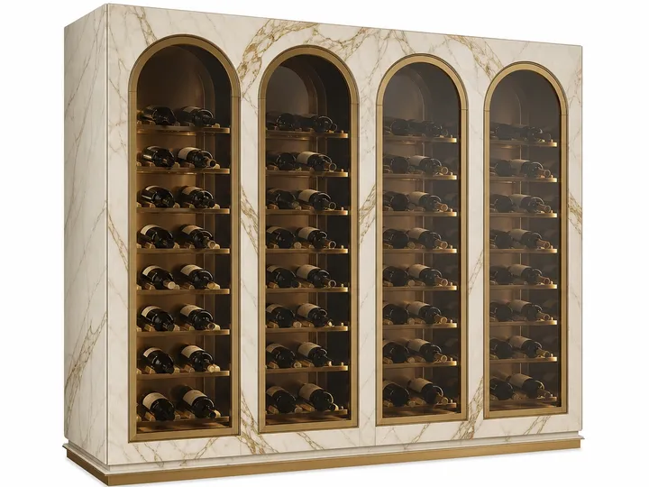 Fadior Estuary Wine Cabinet Suite with Calacatta Magnum Arcade — 304 stainless steel wine cabinet system, front view