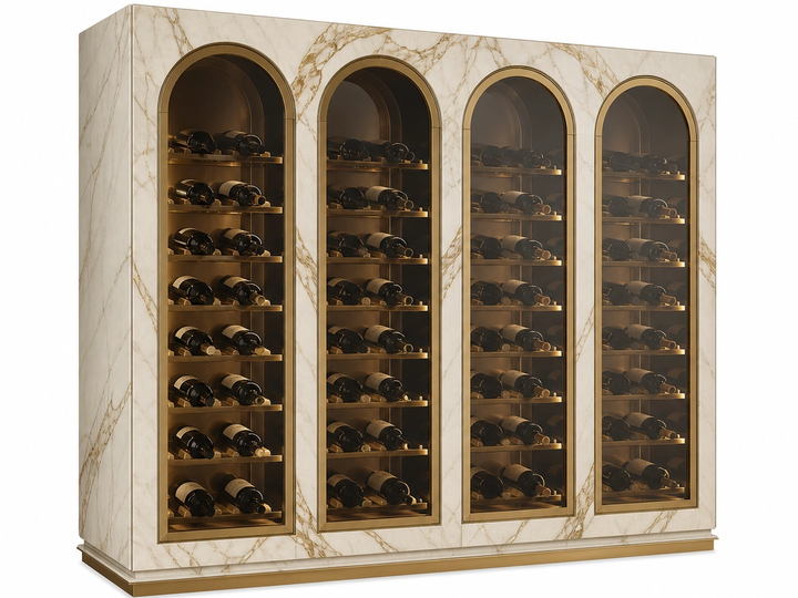 Fadior Estuary Wine Cabinet Suite with Calacatta Magnum Arcade — 304 stainless steel wine cabinet system, front view