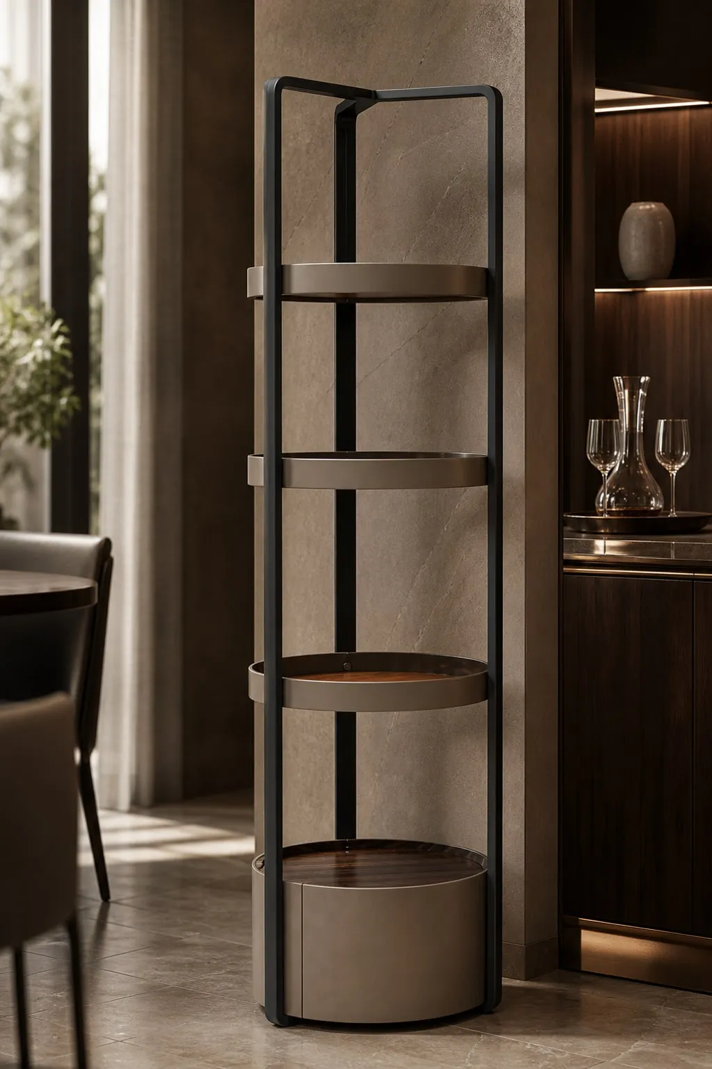 Saddle Leather Brushed Steel Wine Cabinet