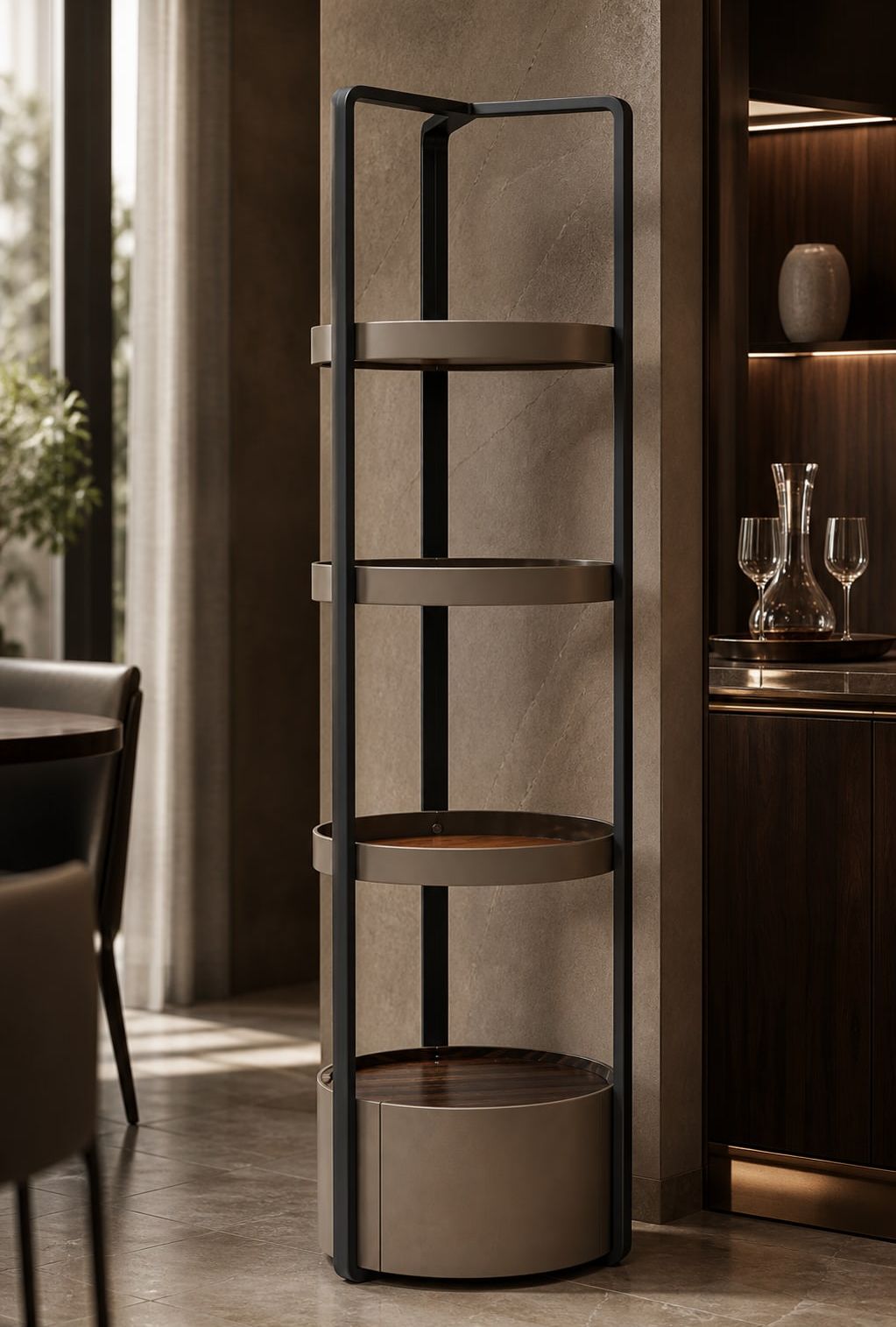 Leather-Accent Wine Cabinet styled in a FADIOR HOME interior setting