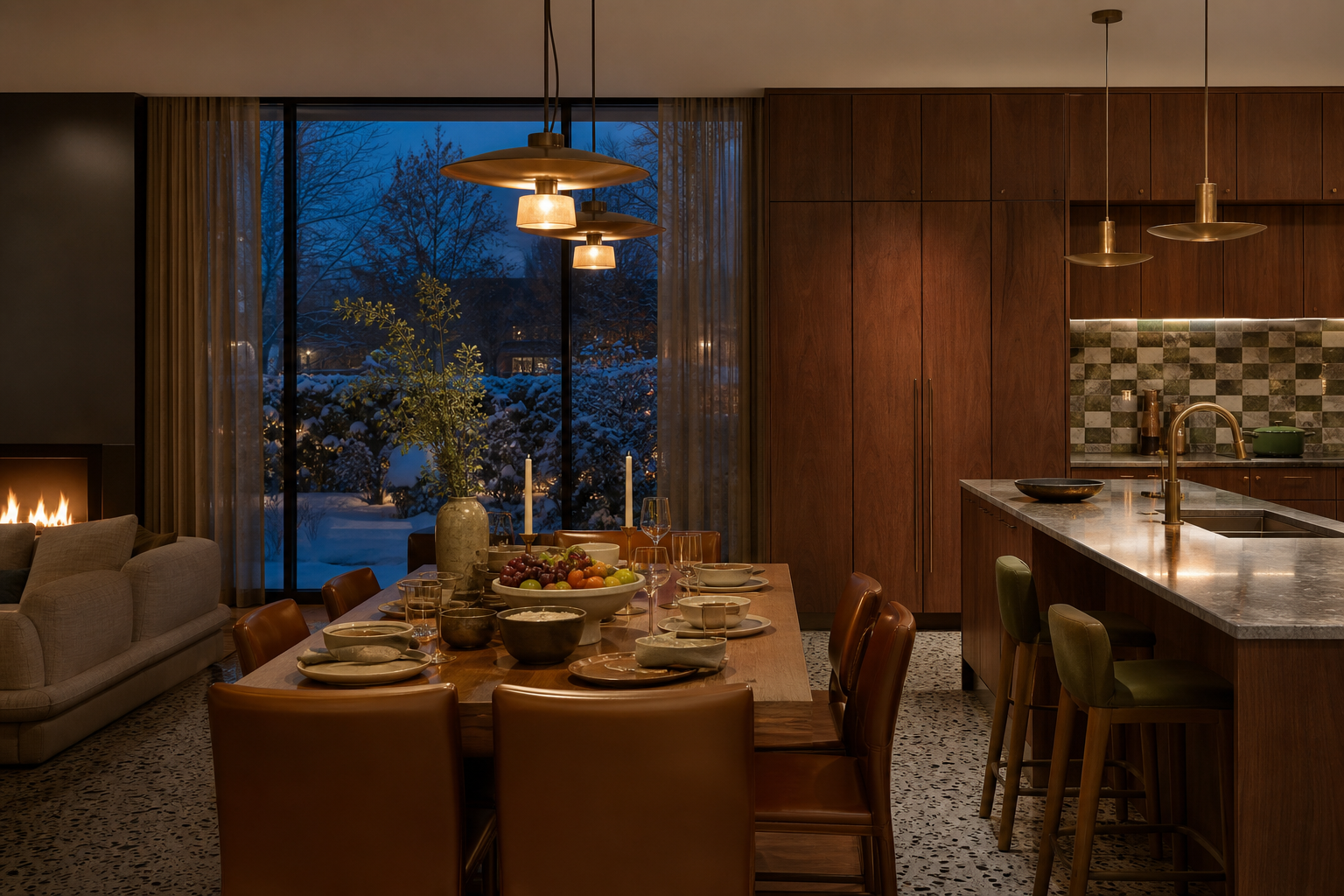 Fadior Montreal 150 sqm Kitchen Villa — Montreal dining table, fruit bowl, island, walnut cabinet wall, snowy garden