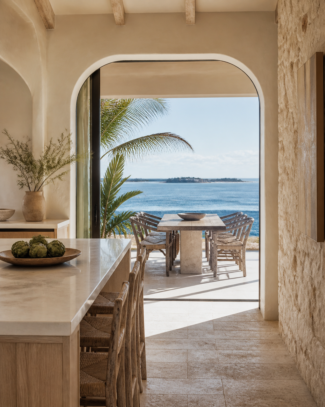 Fadior Miami 85 sqm Kitchen Apartment — Balcony dining setting with kitchen island, table, plaster wall and coastal light