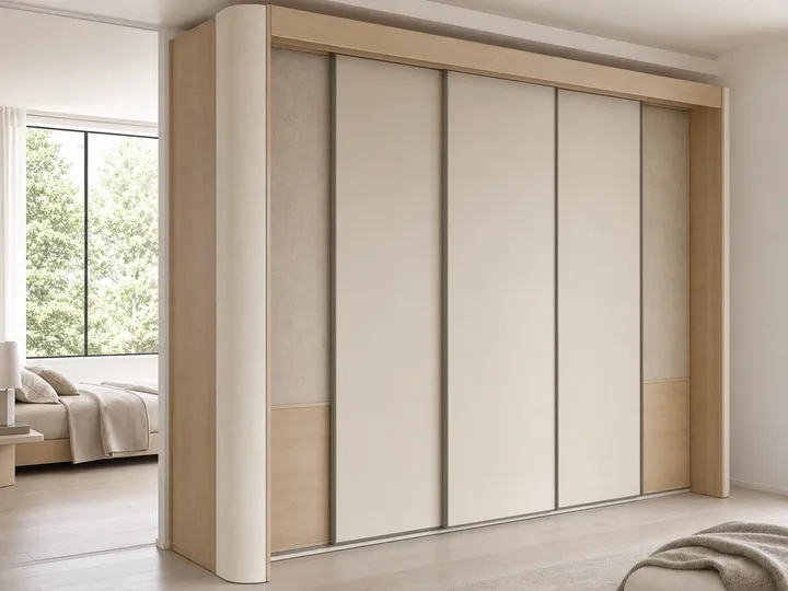 Fadior Elementum Wardrobe Suite with Talc Sliding Wardrobe Portal — 304 stainless steel wardrobe system, front view