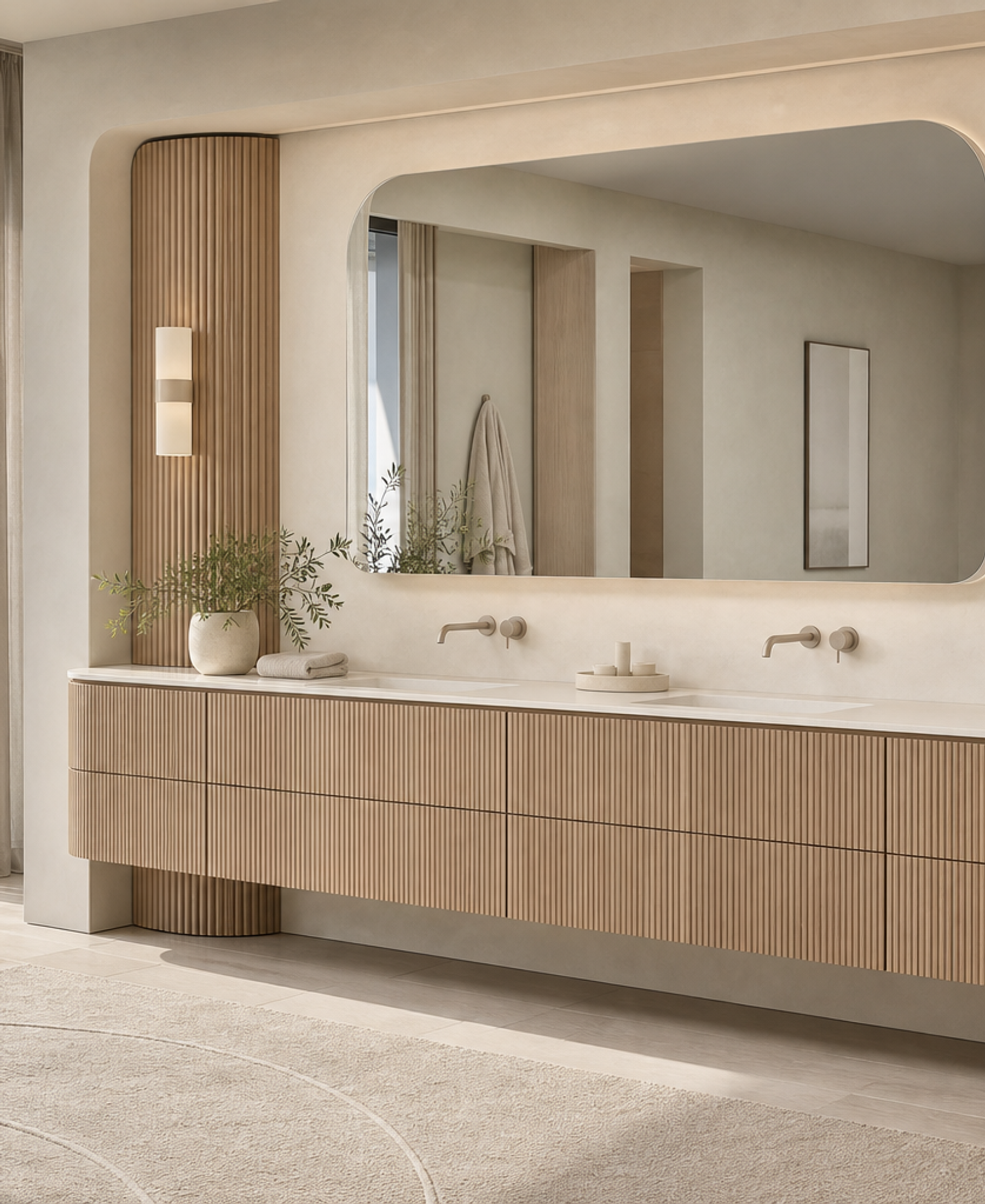 Fadior Solstice Bath and Vanity Suite with Ribbed Crescent Vanity Wall — 304 stainless steel bath and vanity system, front view