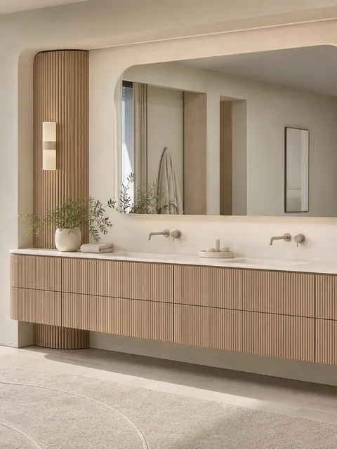 Suite de Baño y Tocador Solstice con Pared de Tocador Acanalada en Forma de Media Luna