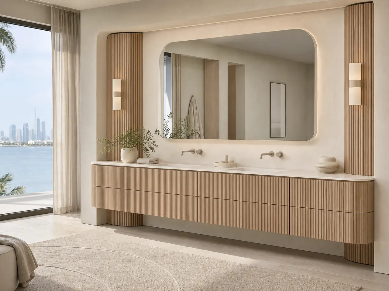Fadior Solstice Bath and Vanity Suite with Ribbed Crescent Vanity Wall - waterproof 304 stainless steel bath vanity with mirror storage, moisture-resistant finishes, and grooming storage