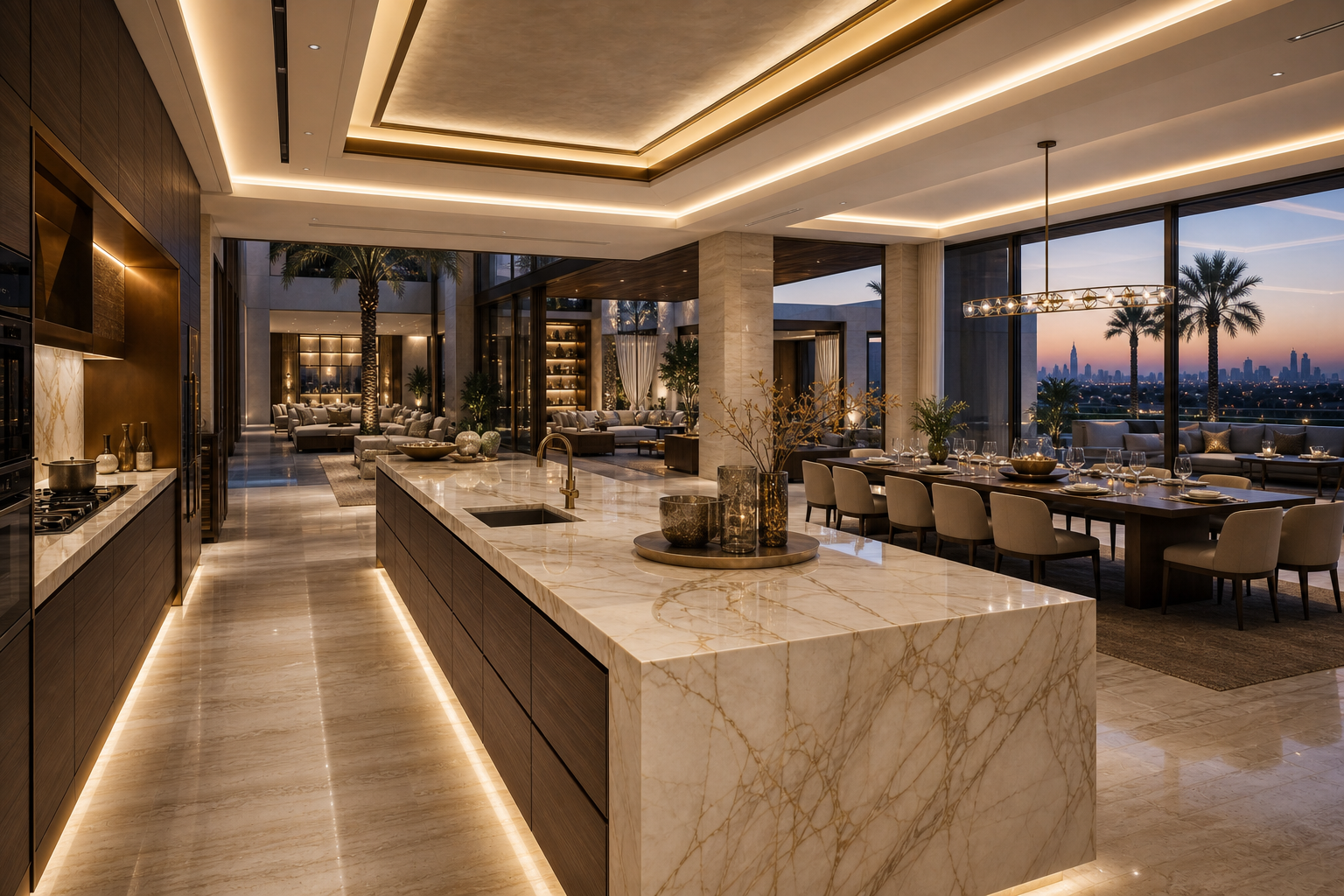 Fadior Doha Garden Courtyard Villa — marble island, dining table, lounge sofa, travertine floor, courtyard glazing