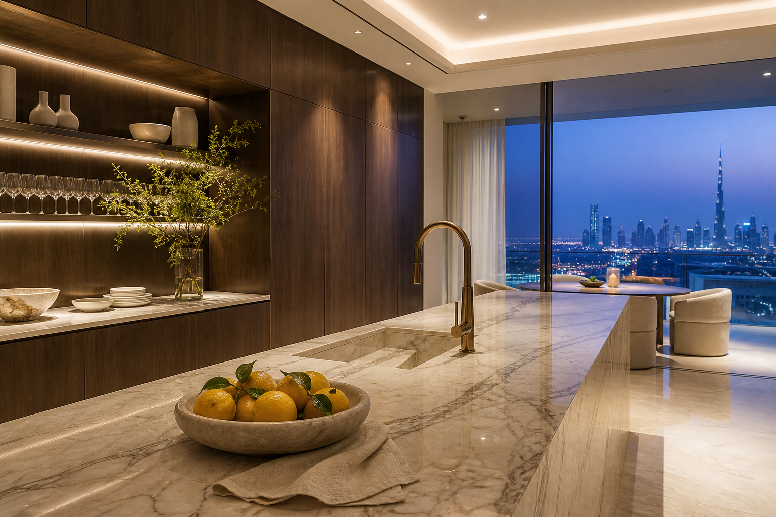 Fadior Dubai Penthouse Water Ritual Kitchen — Marble counter, citrus bowl, walnut wall, stone shelf, dining chairs,