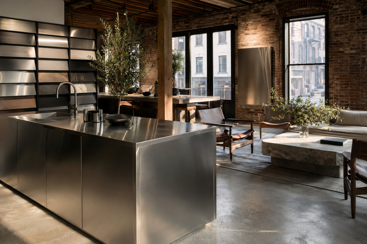 Fadior New York Flagship Showroom — kitchen island, lounge chair, brick wall, stone table