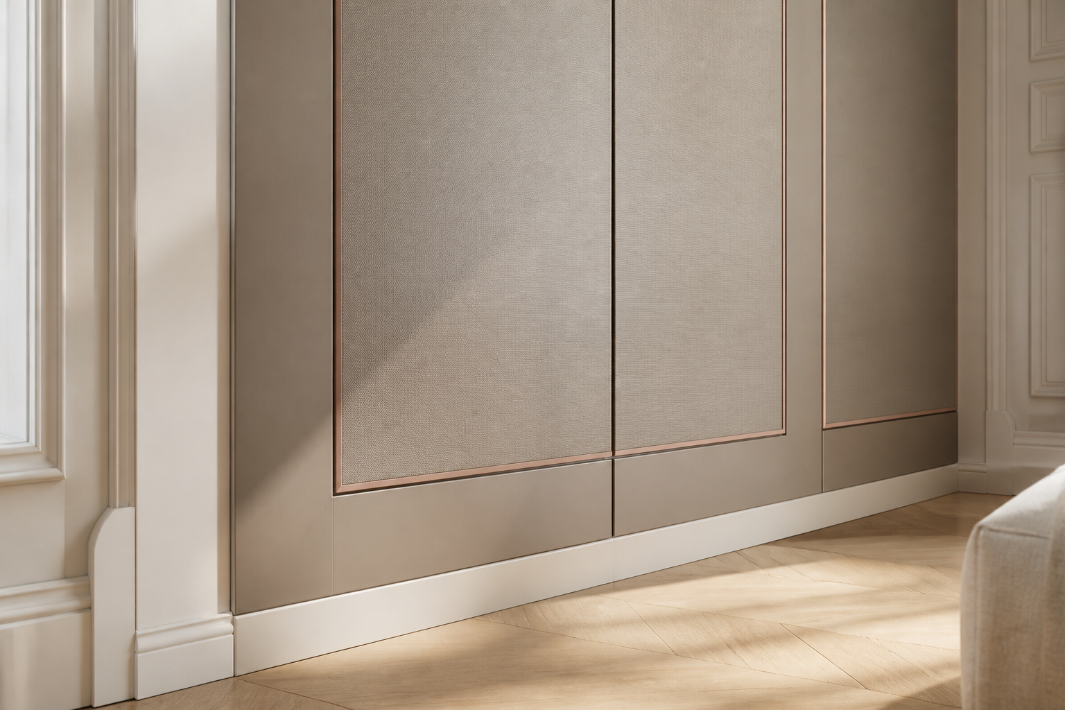 Fadior Resonance Wardrobe Suite with Quiet Close Dressing Atrium — close-up of stainless steel finish and hardware detail