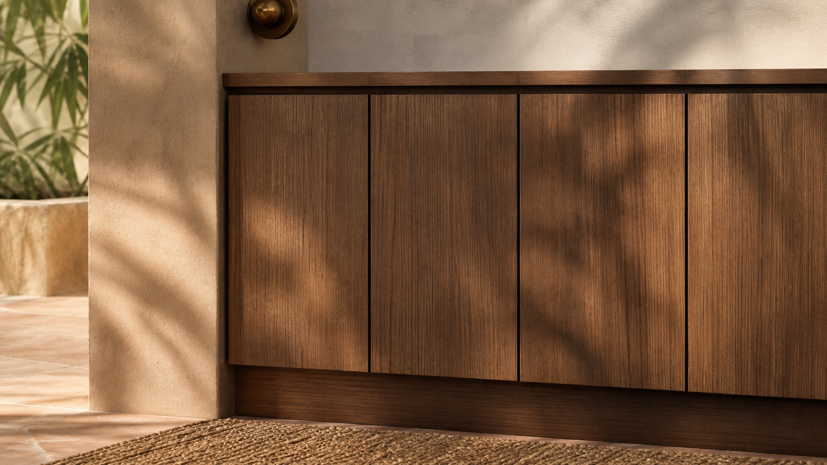 Fadior Patina Flexible Panel Media Wall — close-up of stainless steel finish and hardware detail
