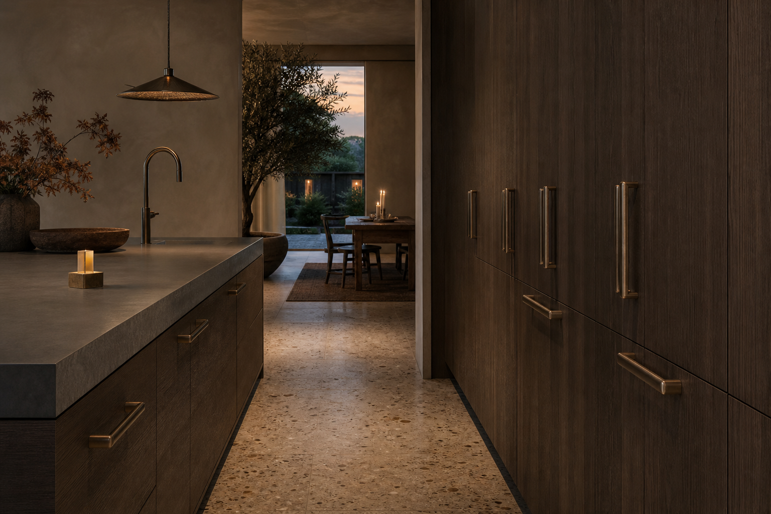 Fadior Silkstone Kitchen Suite with Bronze Pull Counter — interior room context showing cabinet integration