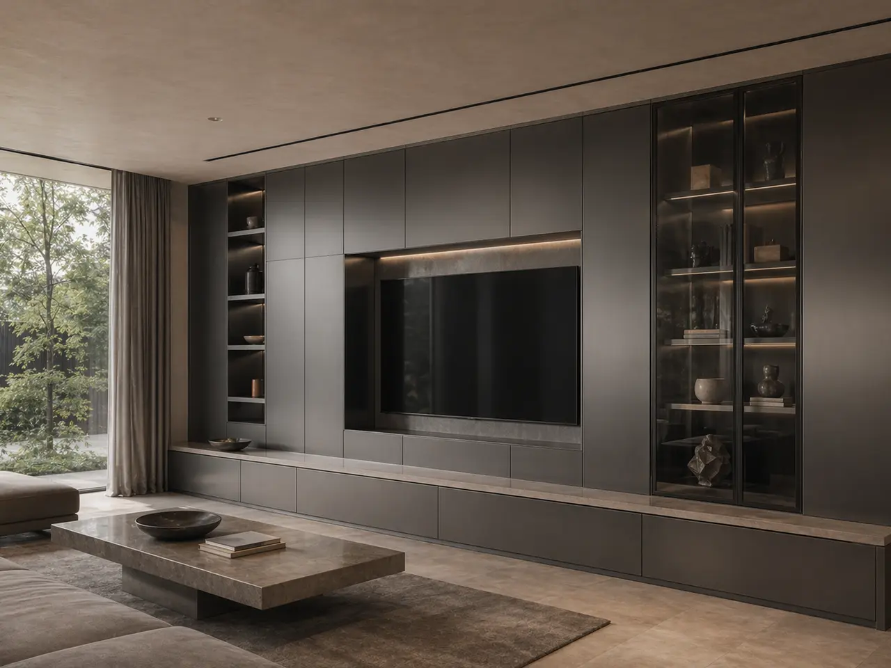 Fadior Essence Living Room Suite - stainless steel living room cabinetry with media storage, display shelving, concealed devices, and residential finishes