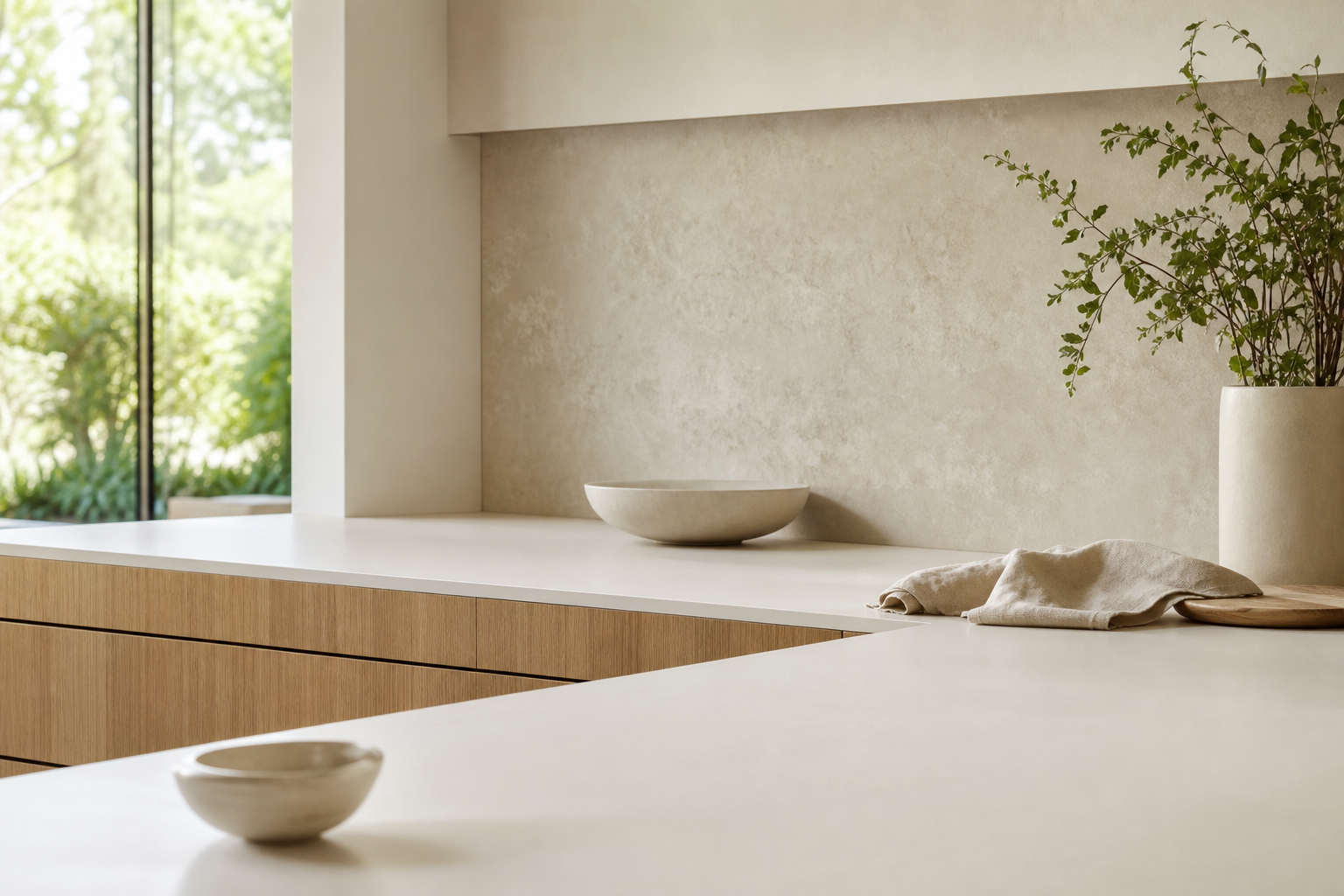 Kitchen material study with ivory counter planes, warm oak-grain fronts, and soft daylight atmosphere.