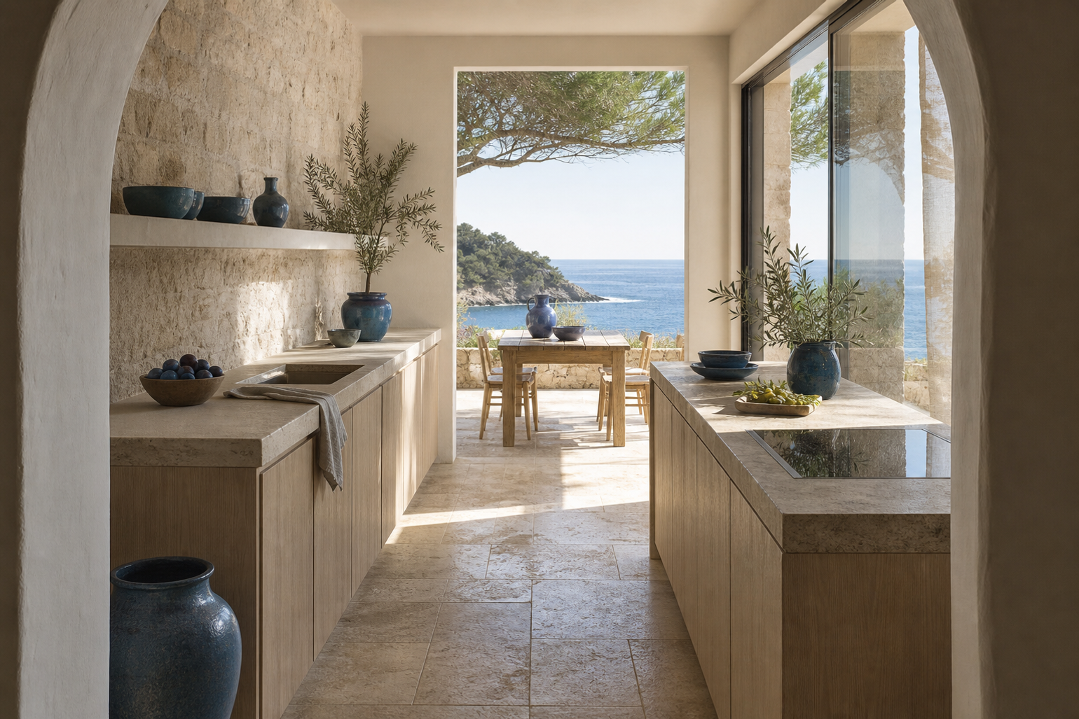 Sea-facing galley kitchen prepared for daily breakfast and terrace hosting.