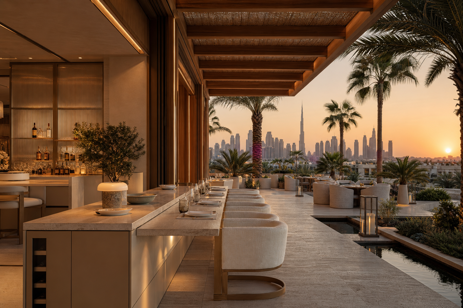 Fadior Dubai Chef Table Commercial Kitchen — terrace counter, dining chairs, palm skyline, water channel