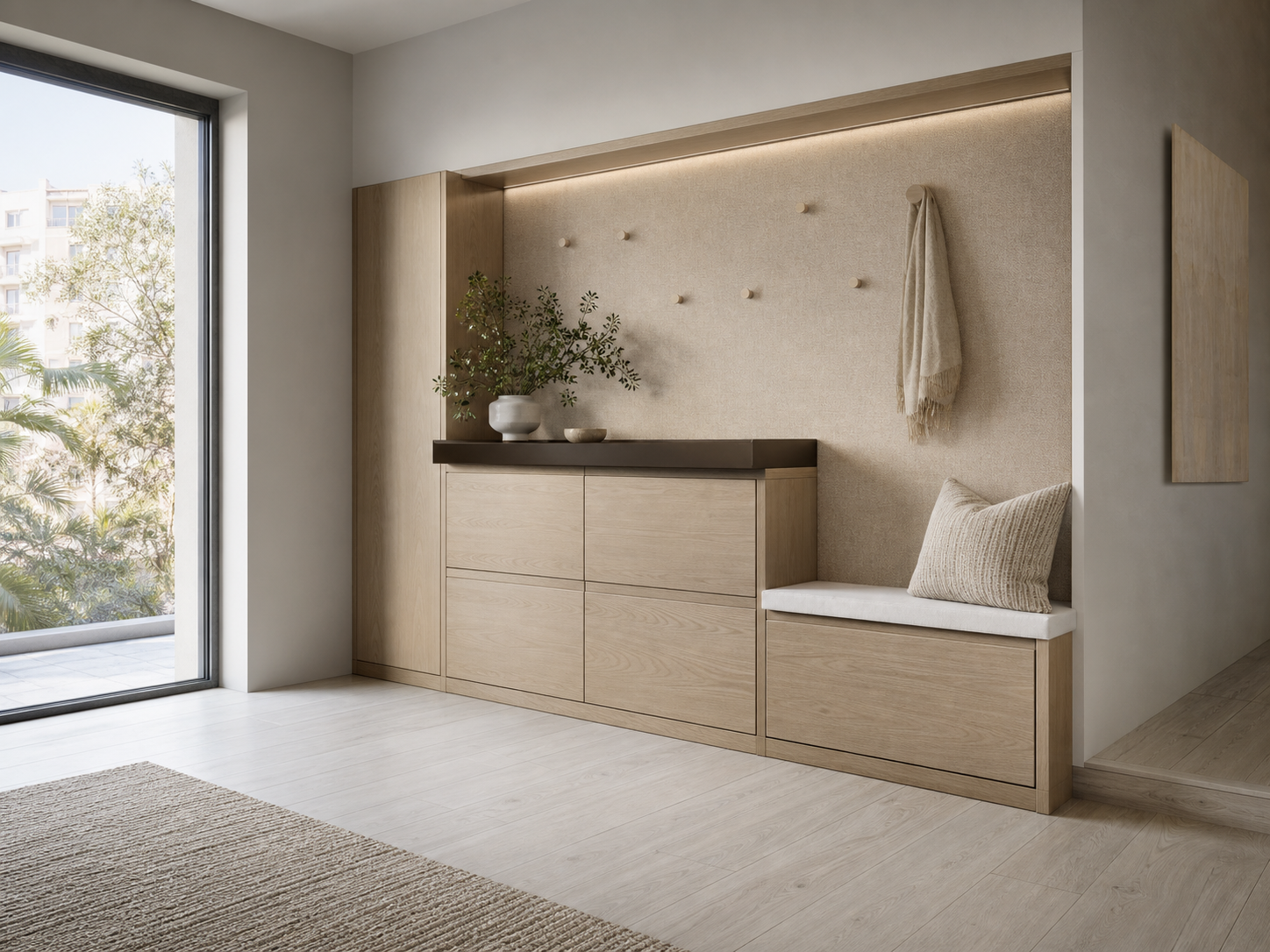 Fadior Ecliptic Entryway Suite with Bronze Maildrop Console — interior room context showing cabinet integration
