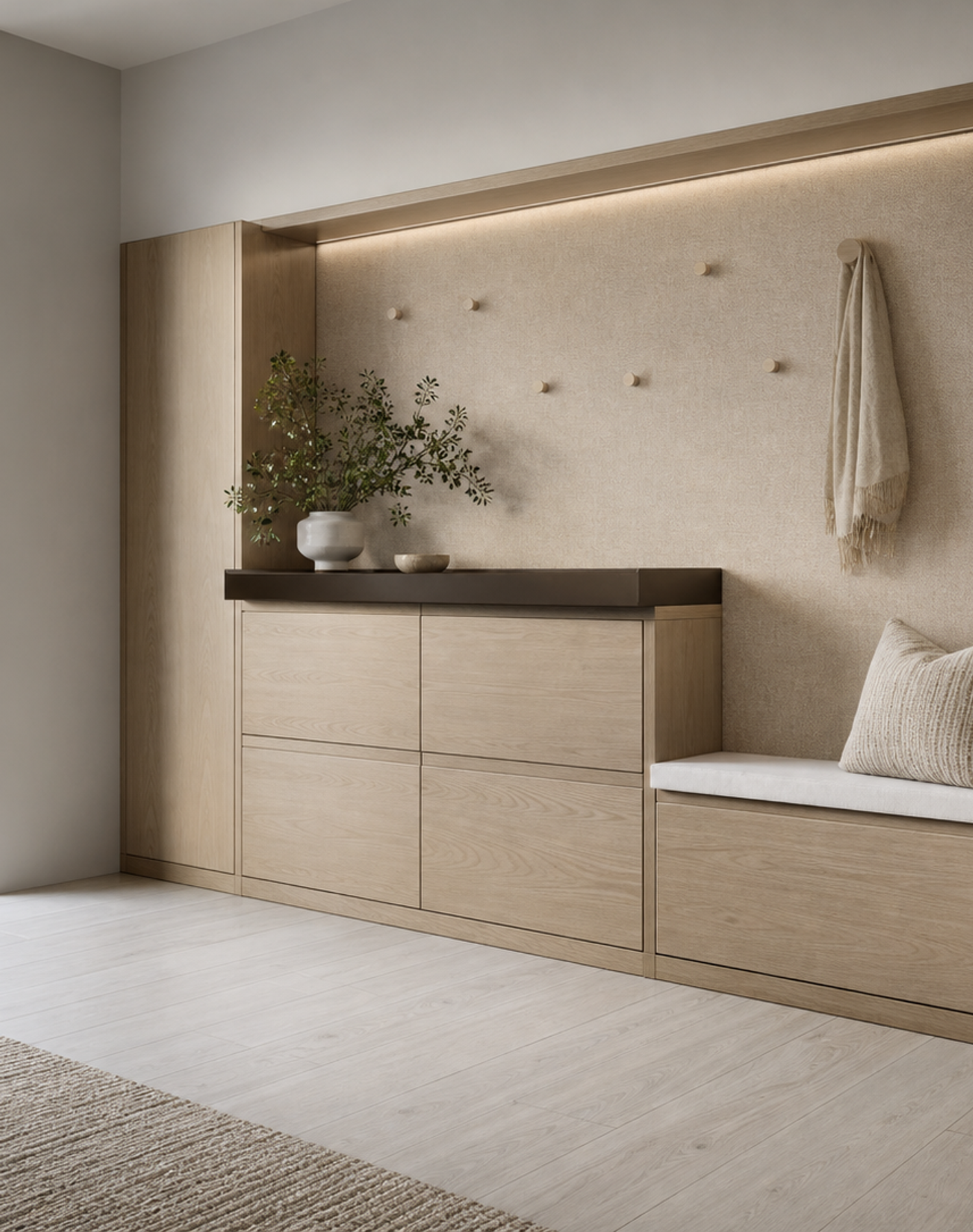 Fadior Ecliptic Entryway Suite with Bronze Maildrop Console — interior room context showing cabinet integration