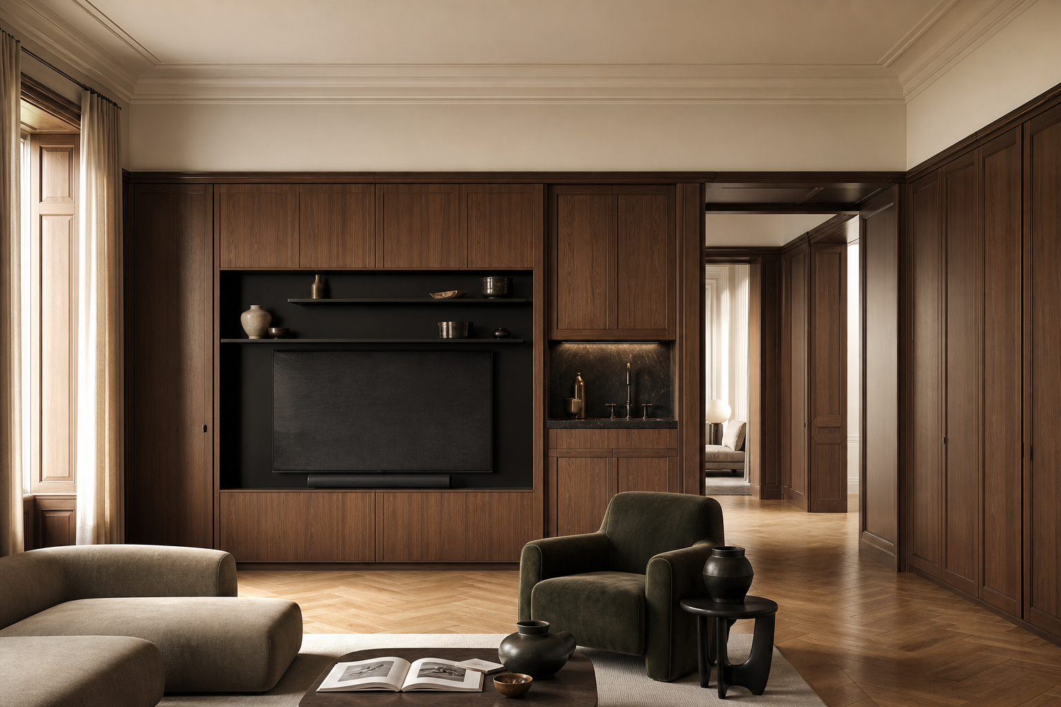 Fadior Patina Living Room Suite with Sculpted Tapline Service Niche — lifestyle setting with natural light and residential