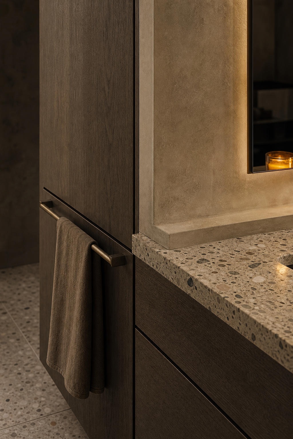 Fadior Verve Bath and Vanity Suite with Cafe Towel Service Wall — close-up of stainless steel finish and hardware detail