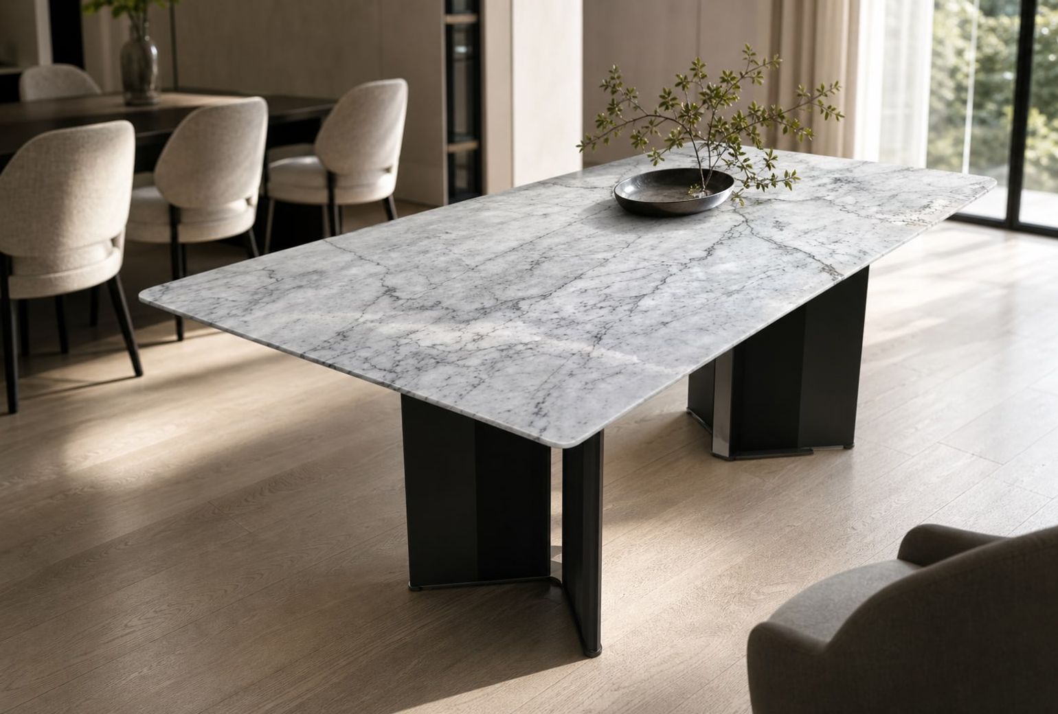 Stone-Top Marble Dining Table (Natural luxury stone) styled in a FADIOR HOME interior setting