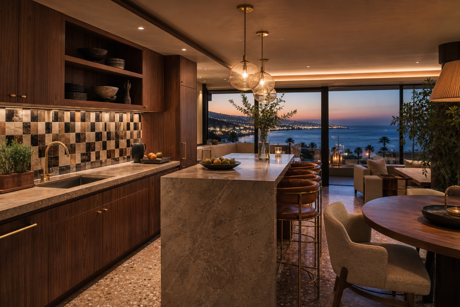 Fadior Malibu 480 sqm Kitchen Bath Villa — Malibu villa kitchen workstation with walnut cabinets, marble counter, sink,