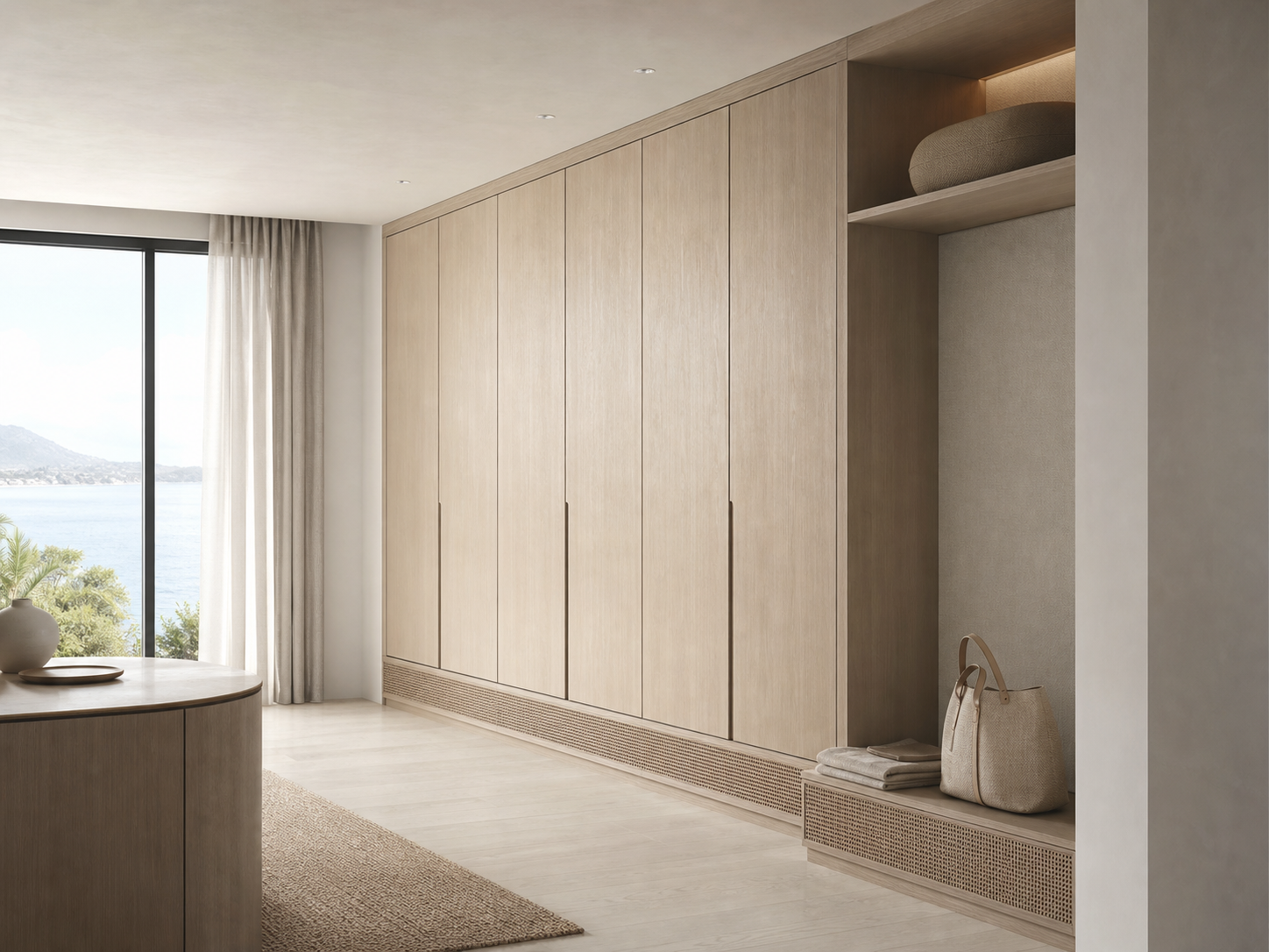 Fadior Onyx Wardrobe Suite with Cane Plinth Packing Wall — interior room context showing cabinet integration