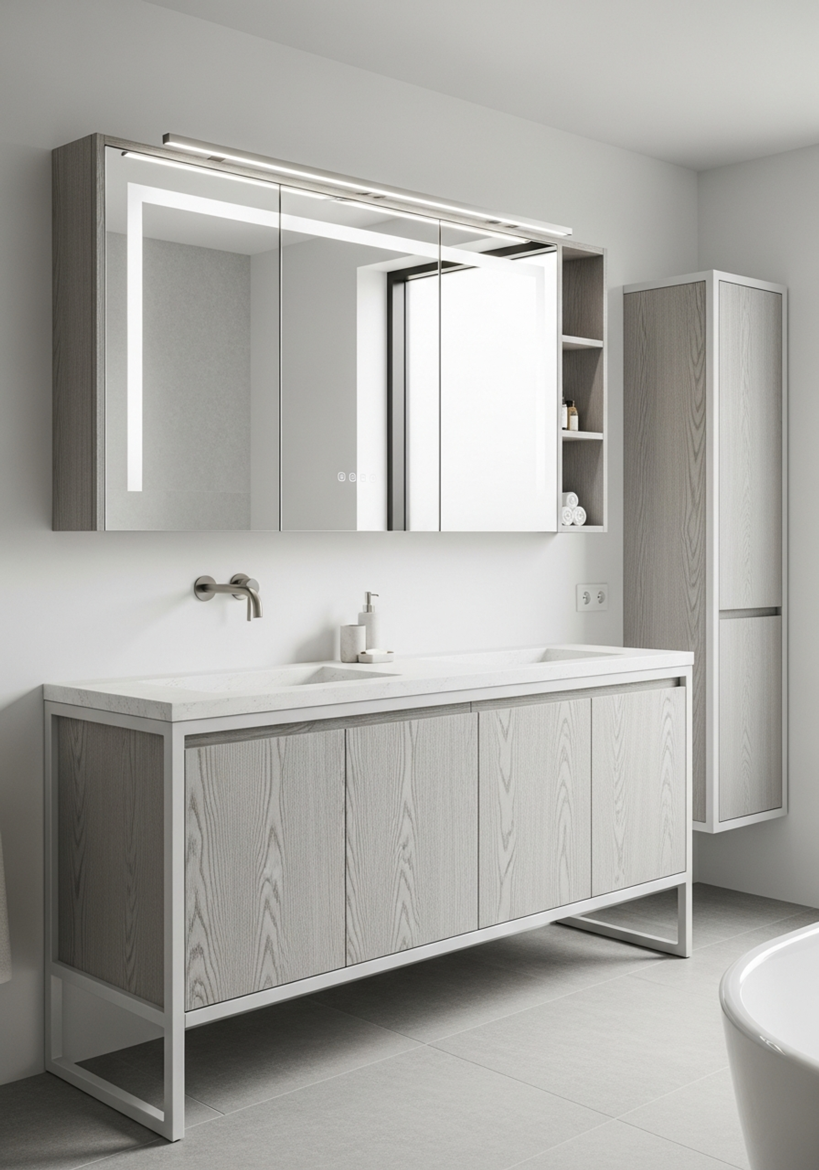 Tocador de baño moderno en acero inoxidable, piedra y acabados metálicos