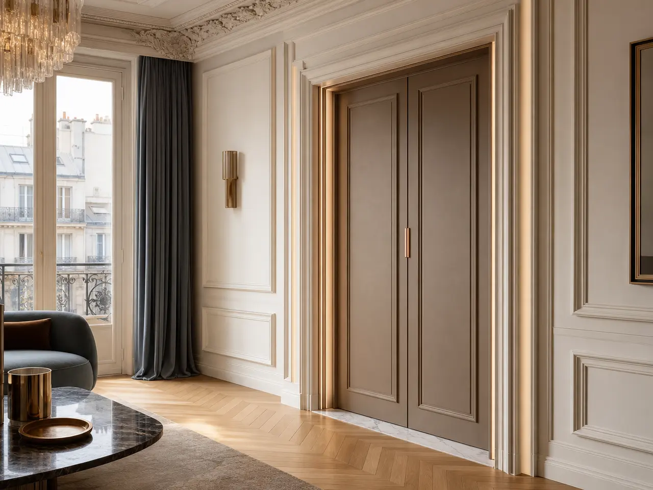 Suite de puerta interior Silhouette con jamba iluminada de textura lino
