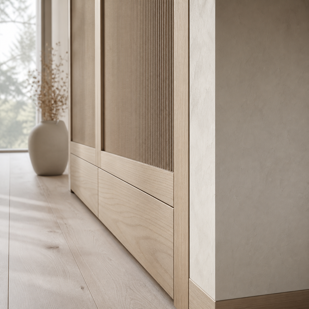 Fadior Voyage Wardrobe Suite with Reeded Umber Wardrobe Gallery — close-up of stainless steel finish and hardware detail