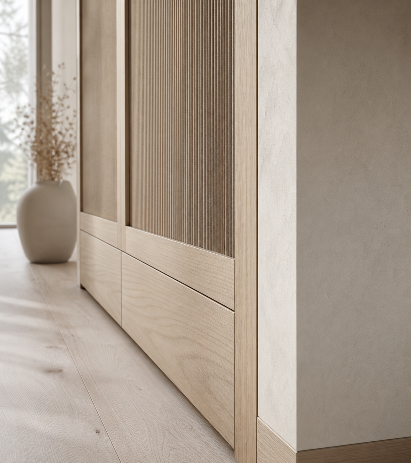 Fadior Voyage Wardrobe Suite with Reeded Umber Wardrobe Gallery — close-up of stainless steel finish and hardware detail