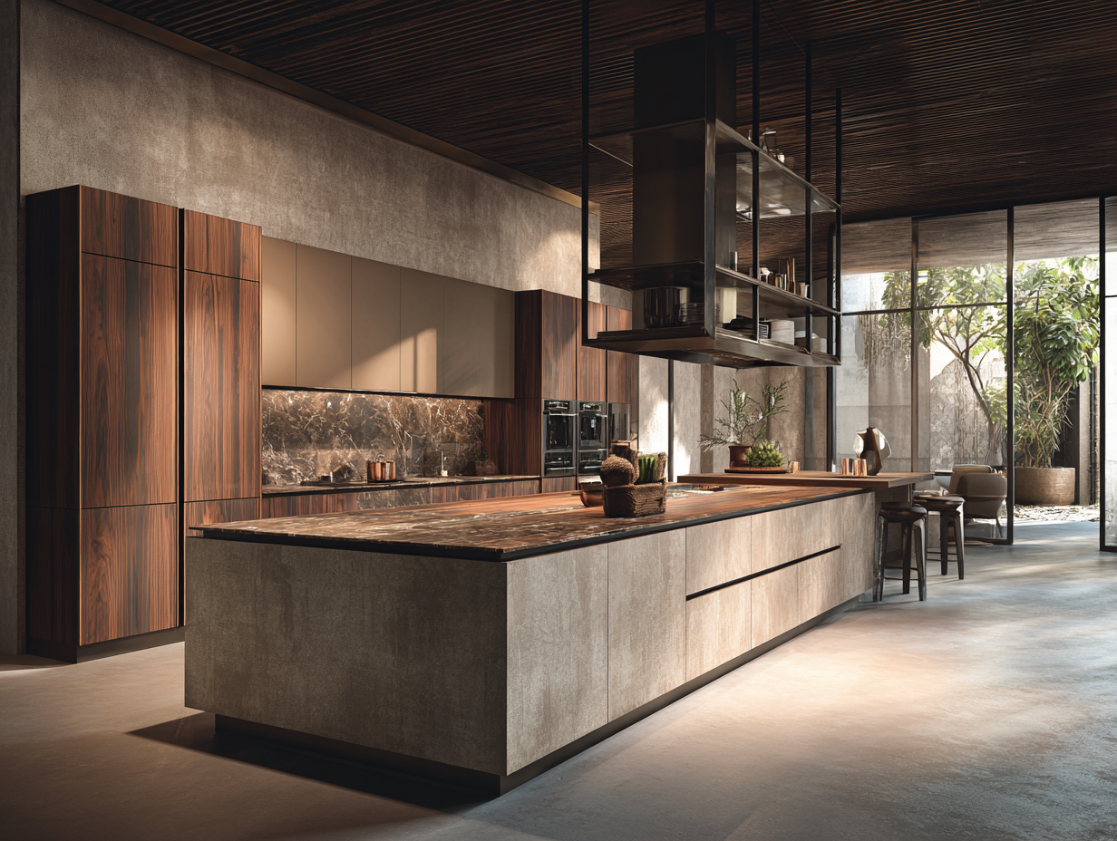 Industrial-contemporary kitchen with concrete-toned island base, dark wood upper cabinets, steel-frame suspended shelving, and semi-outdoor garden view