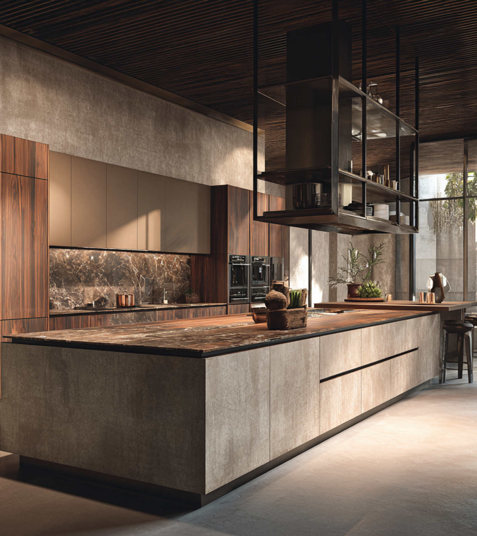 Industrial-contemporary kitchen with concrete-toned island base, dark wood upper cabinets, steel-frame suspended shelving, and semi-outdoor garden view