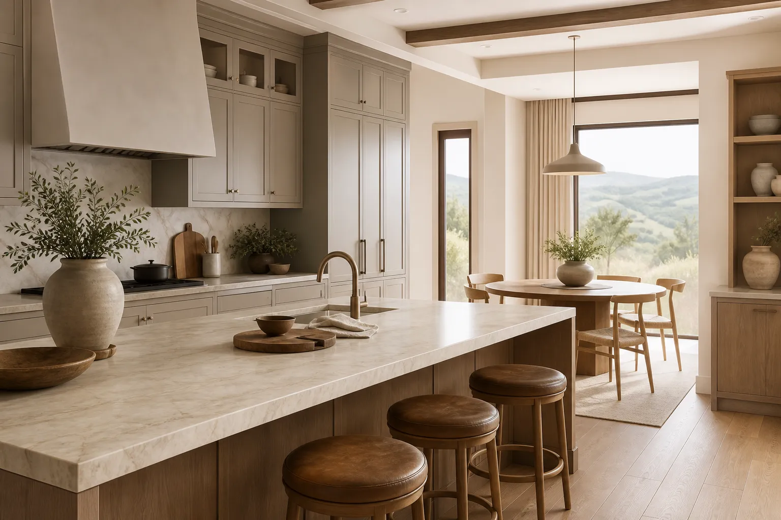 Calm family dining kitchen with warm grey cabinetry, pale stone island, and breakfast nook.