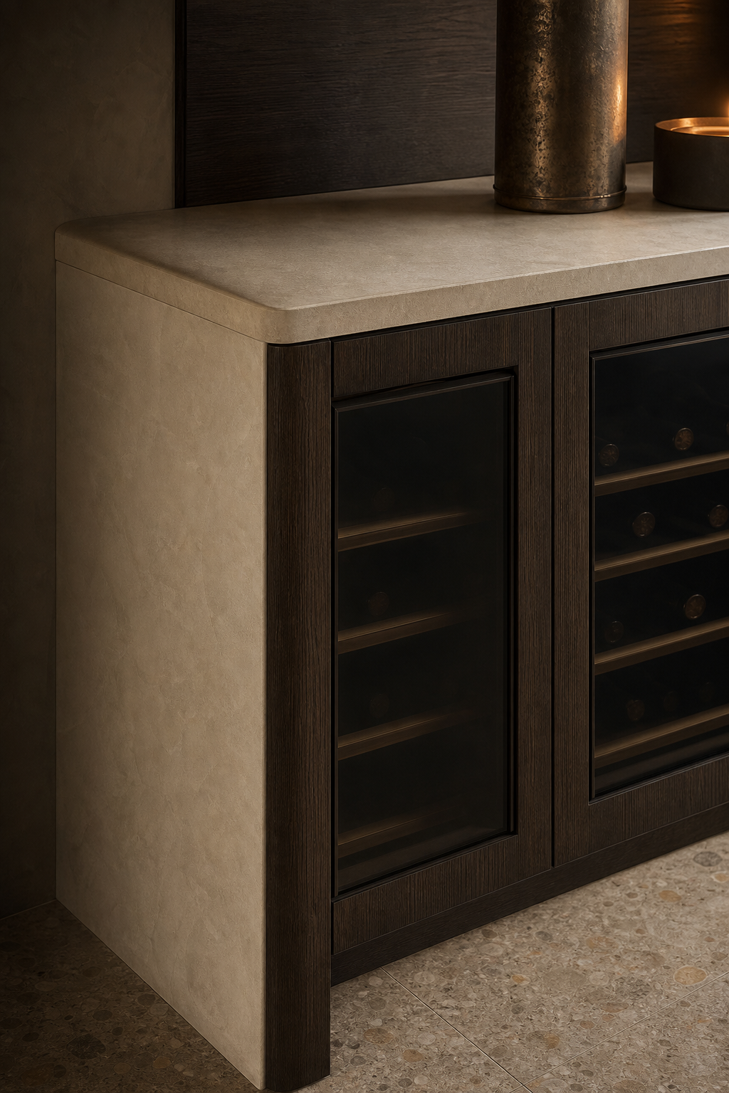 Fadior Cru Wine Cabinet Suite with Silk Honed Tasting Credenza — close-up of stainless steel finish and hardware detail